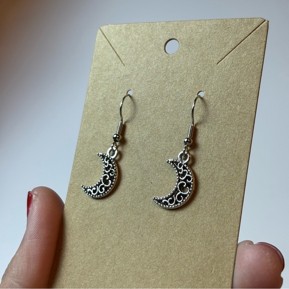Handmade Simple Silver Moons with Swirls Dangle Earrings, Celestial Moon Earring - Picture 3 of 9
